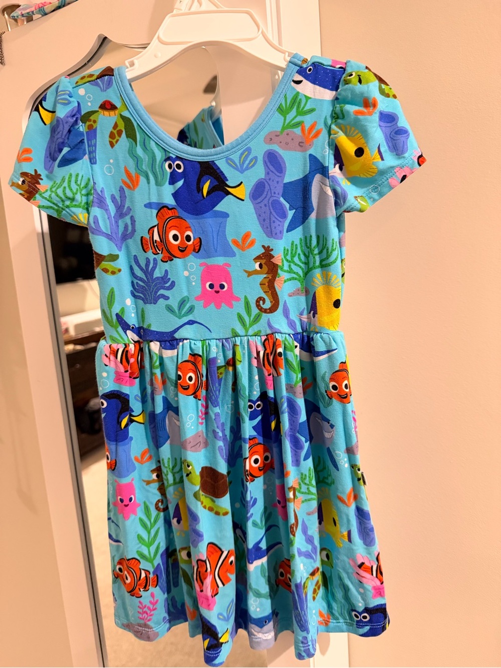 Little sleepies finding Nemo Girls' Light Blue Ocean Print Short Sleeve Dress